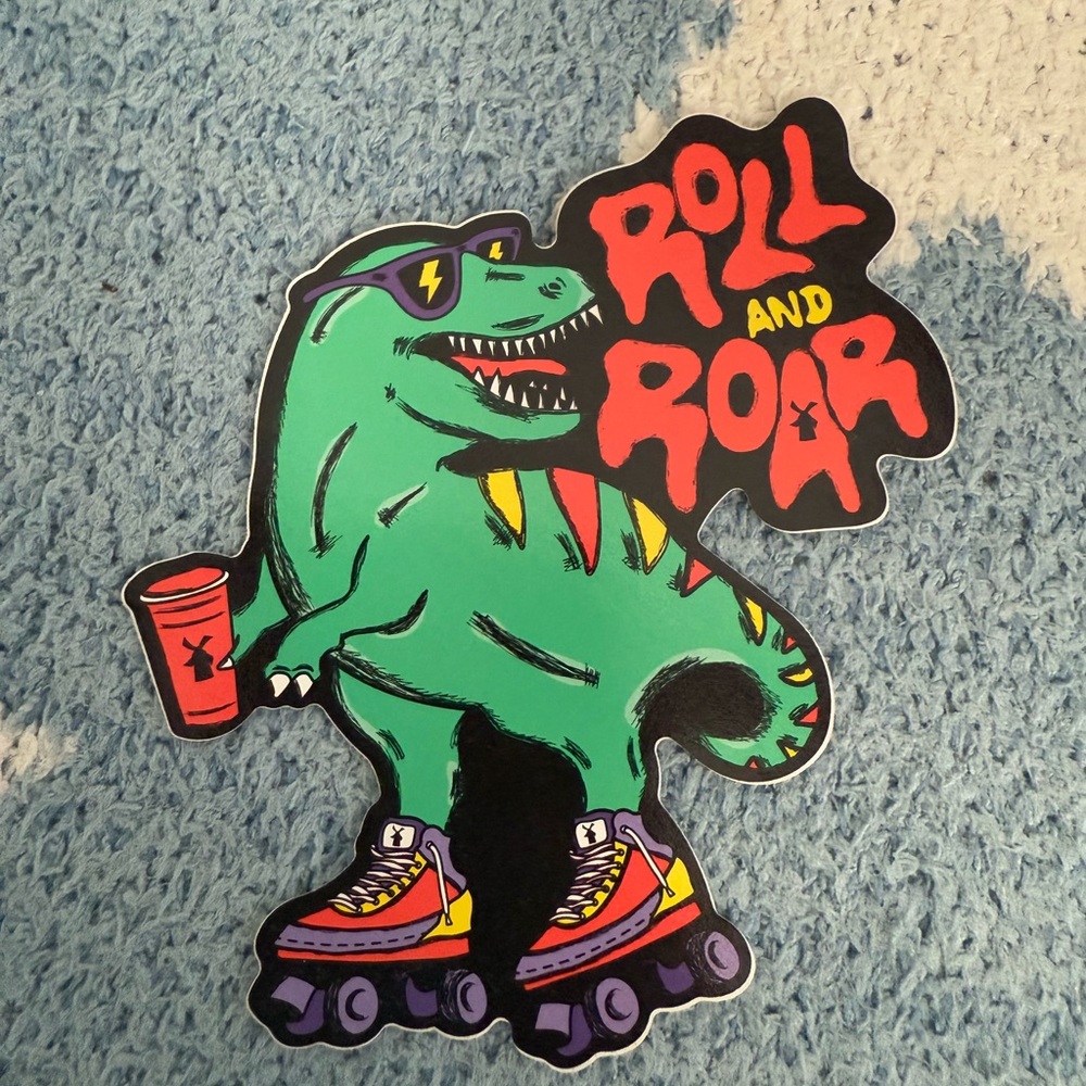 Dutch bros rock and roll sticker dinosaur